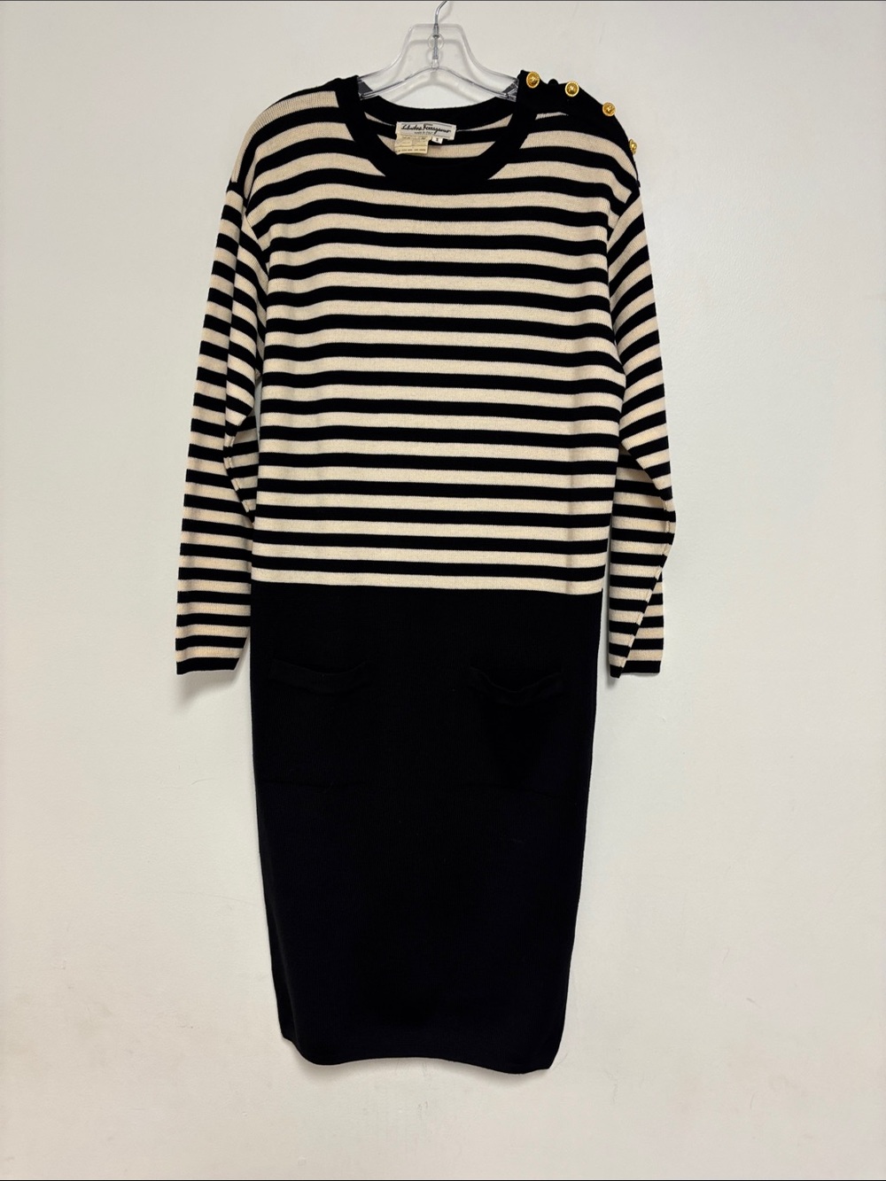 Salvatore Ferragamo Black and Cream Vintage Sweater Dress, Long Sleeve, Sz Small